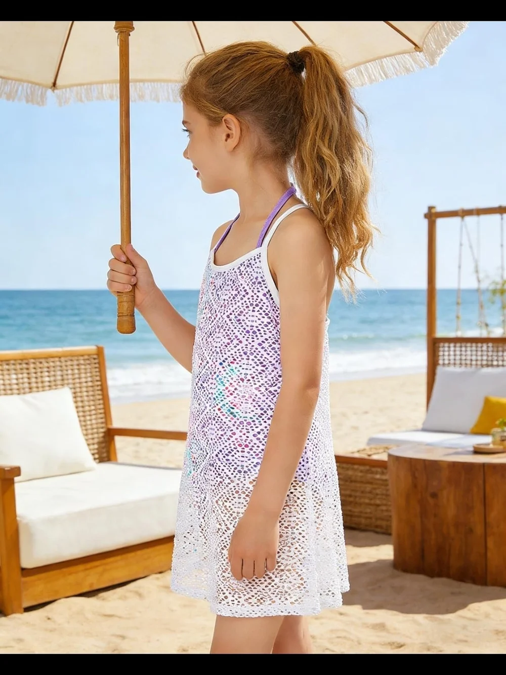 Girls White Crochet Swim Cover-Up with Pastel Accents - Kids Swim